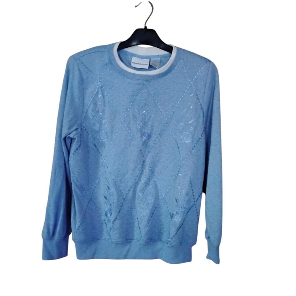 Alfred Dunner Blue Floral Embroidered Sequin Diamond Quilt Sweatshirt Small